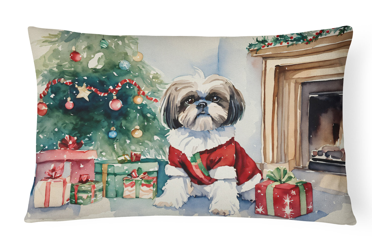 Shih Tzu Cozy Christmas Decorative Throw Pillow 12x16 Indoor Outdoor Accent Cushion, Fabric Cover with Insert for Sofa, Bed, Porch & Living Room