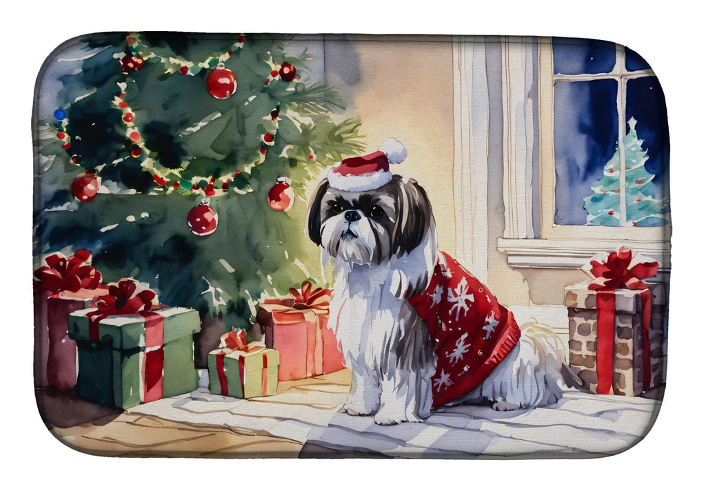 Shih Tzu Cozy Christmas Dish Drying Mat Absorbent Dish Drying Mat Pad for Kitchen Counter Dish Drainer Mat for Countertop, 14 x 21", Multicolor