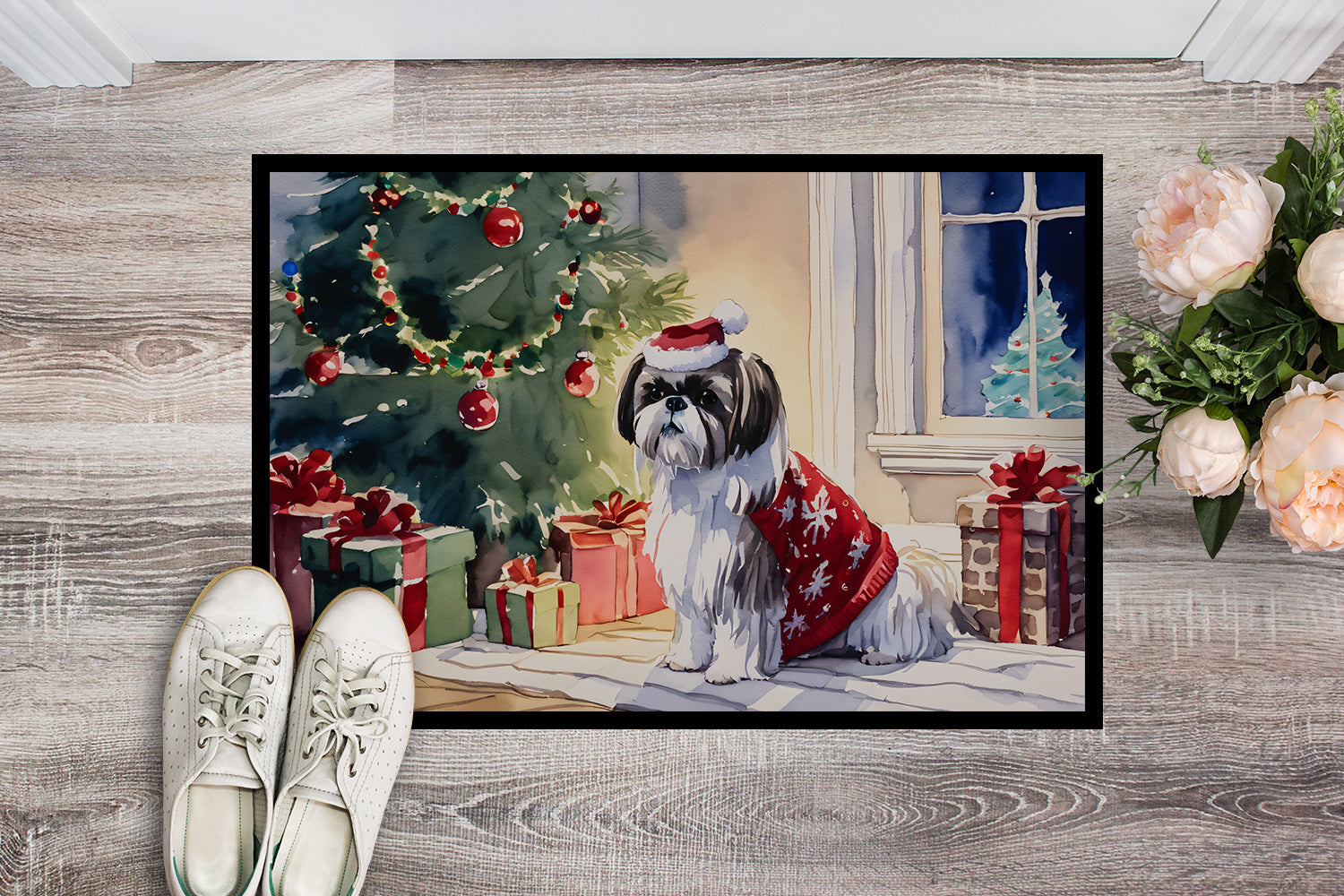 Shih Tzu Cozy Christmas Doormat Indoor Outdoor 24H X 36W Front Door Mat Rugs for Entryway, Non Slip Washable Low Pile,