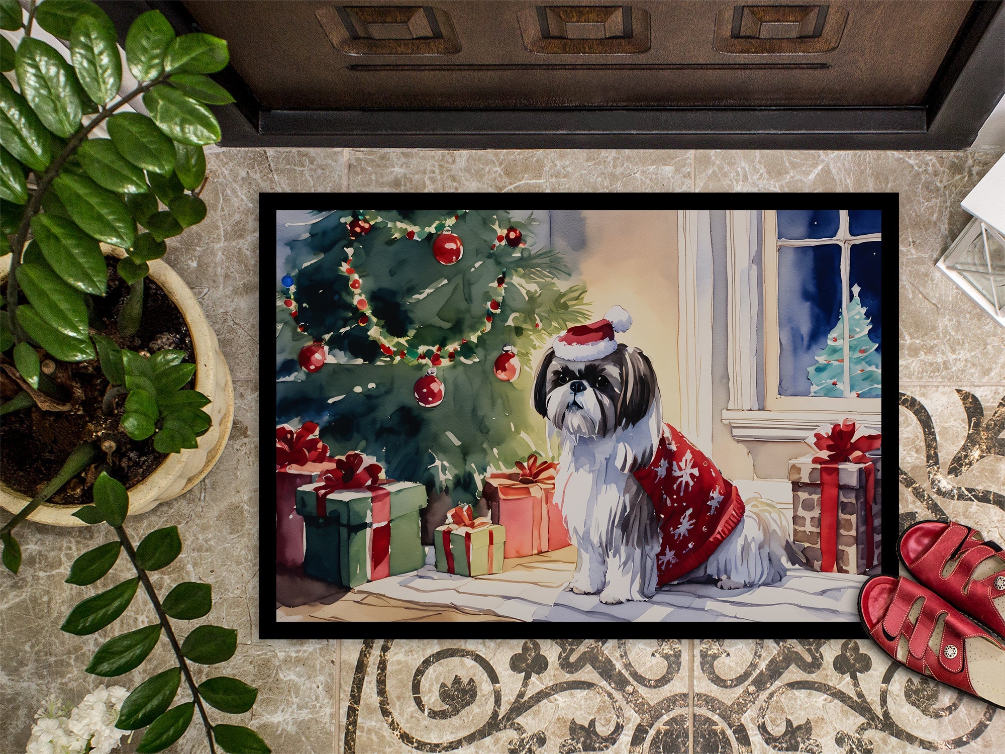 Shih Tzu Cozy Christmas Doormat Indoor Outdoor 24H X 36W Front Door Mat Rugs for Entryway, Non Slip Washable Low Pile,