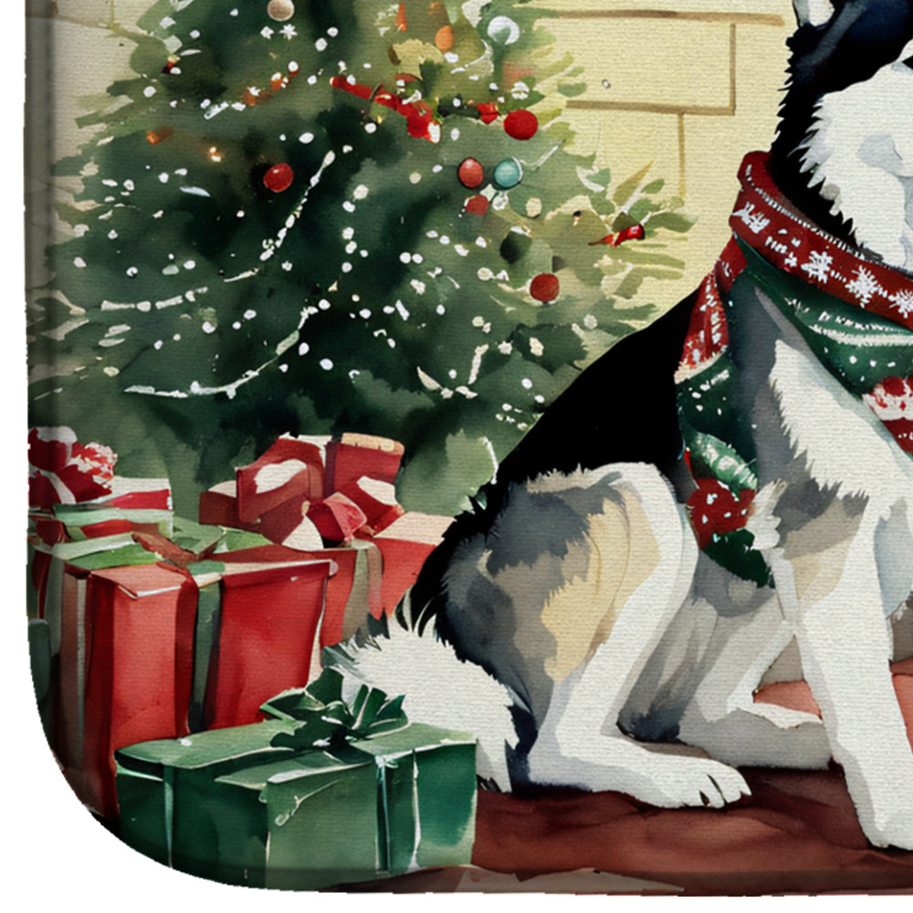 Siberian Husky Cozy Christmas Dish Drying Mat Absorbent Dish Drying Mat Pad for Kitchen Counter Dish Drainer Mat for Countertop, 14 x 21", Multicolor