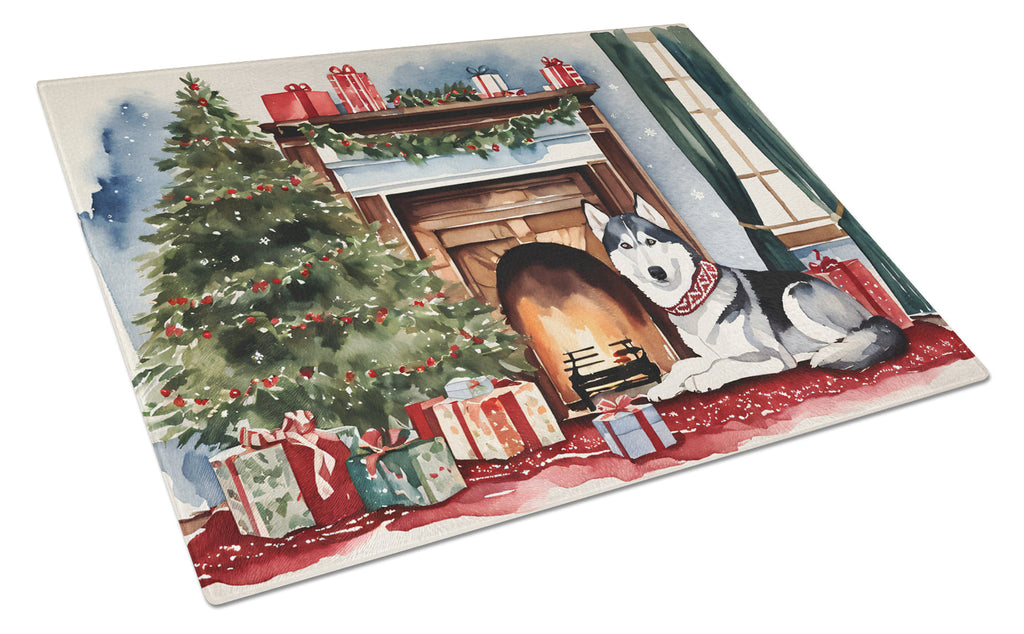 Siberian Husky Cozy Christmas Cutting Board Tempered Glass Kitchen Cutting Surface, Heat Resistant Chopping, Non-Slip Feet, Food Prep & Serving