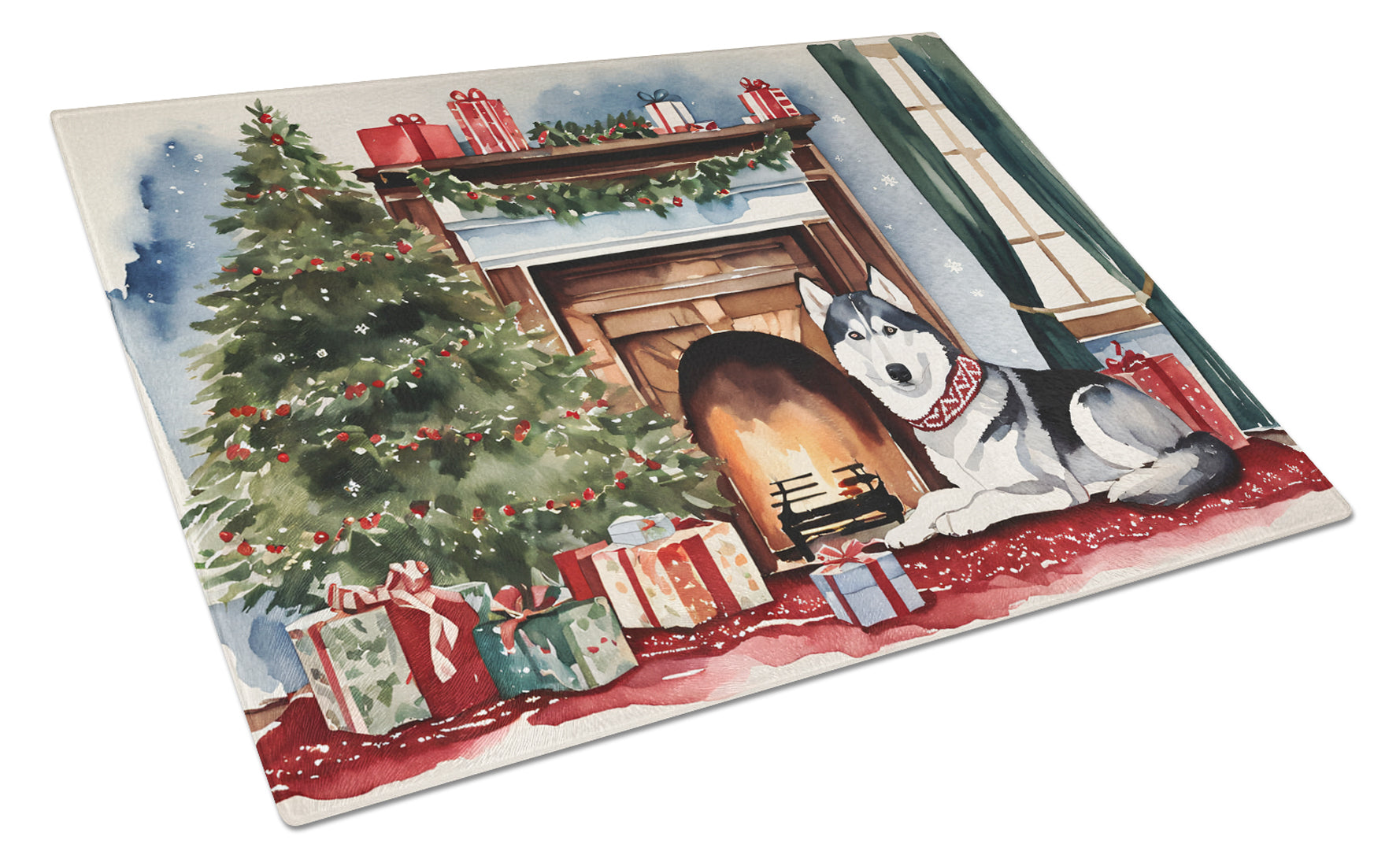 Siberian Husky Cozy Christmas Cutting Board Tempered Glass Kitchen Cutting Surface, Heat Resistant Chopping, Non-Slip Feet, Food Prep & Serving