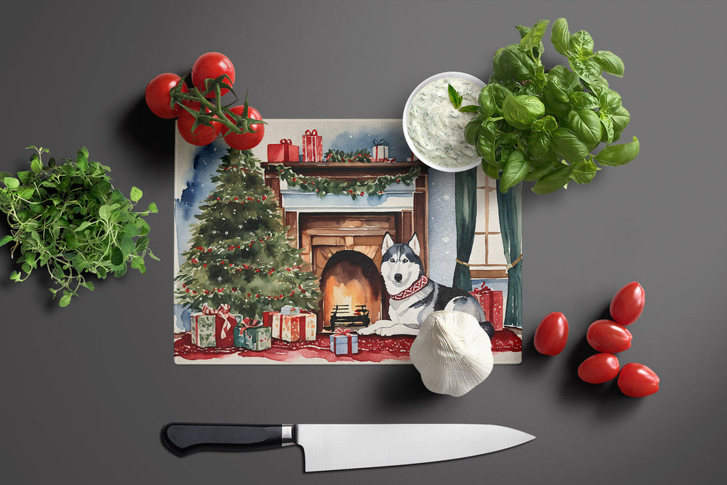 Siberian Husky Cozy Christmas Cutting Board Tempered Glass Kitchen Cutting Surface, Heat Resistant Chopping, Non-Slip Feet, Food Prep & Serving