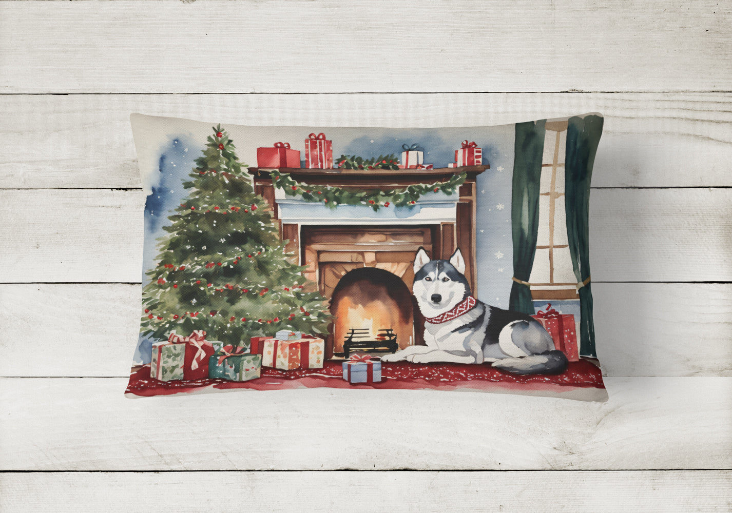 Siberian Husky Cozy Christmas Decorative Throw Pillow 12x16 Indoor Outdoor Accent Cushion, Fabric Cover with Insert for Sofa, Bed, Porch & Living Room