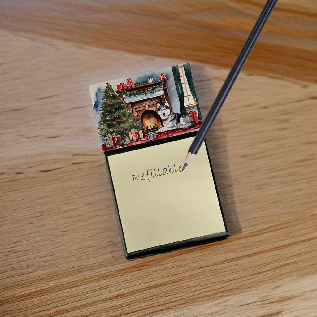 Siberian Husky Cozy Christmas Watercolor Sticky Note Holder Refillable Dispenser Desk Accessory 3x3 Pad Gift