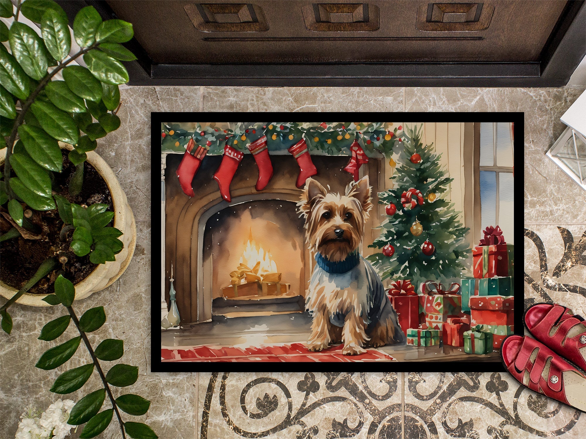 Silky Terrier Cozy Christmas Doormat Indoor Outdoor 24H X 36W Front Door Mat Rugs for Entryway, Non Slip Washable Low Pile,