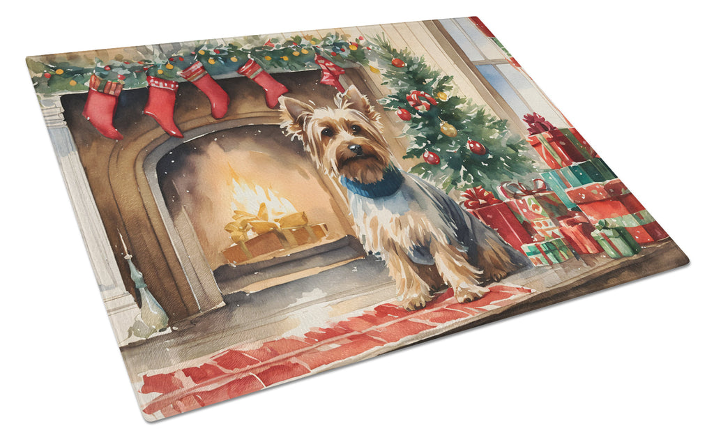 Silky Terrier Cozy Christmas Cutting Board Tempered Glass Kitchen Cutting Surface, Heat Resistant Chopping, Non-Slip Feet, Food Prep & Serving