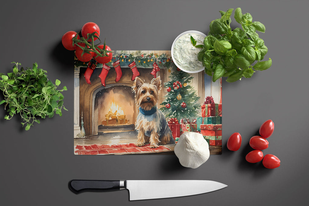Silky Terrier Cozy Christmas Cutting Board Tempered Glass Kitchen Cutting Surface, Heat Resistant Chopping, Non-Slip Feet, Food Prep & Serving