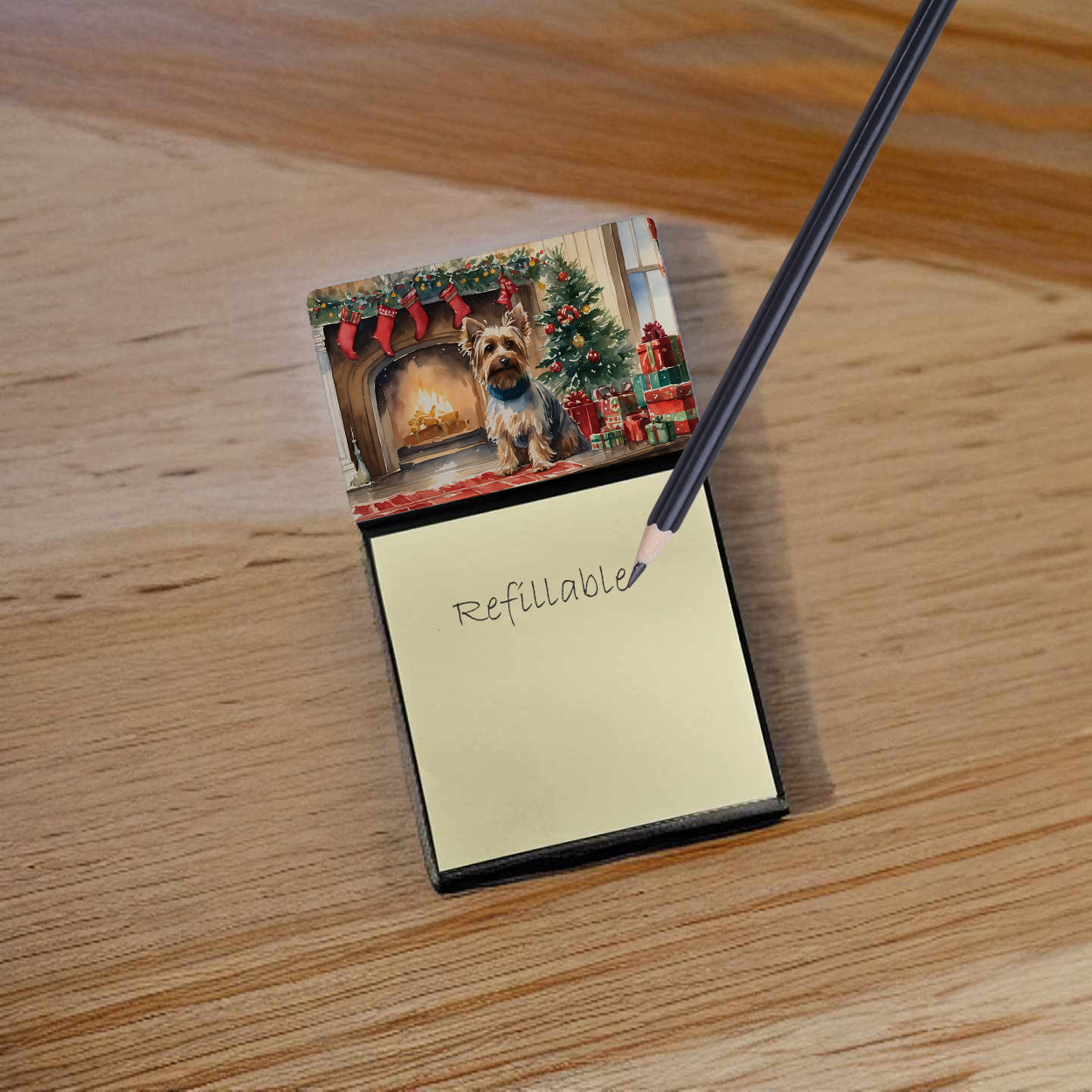 Silky Terrier Cozy Christmas Watercolor Sticky Note Holder Refillable Dispenser Desk Accessory 3x3 Pad Gift