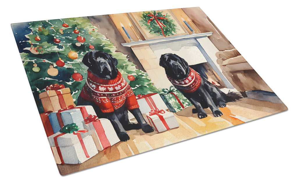 Tibetan Mastiff Cozy Christmas Cutting Board Tempered Glass Kitchen Cutting Surface, Heat Resistant Chopping, Non-Slip Feet, Food Prep & Serving