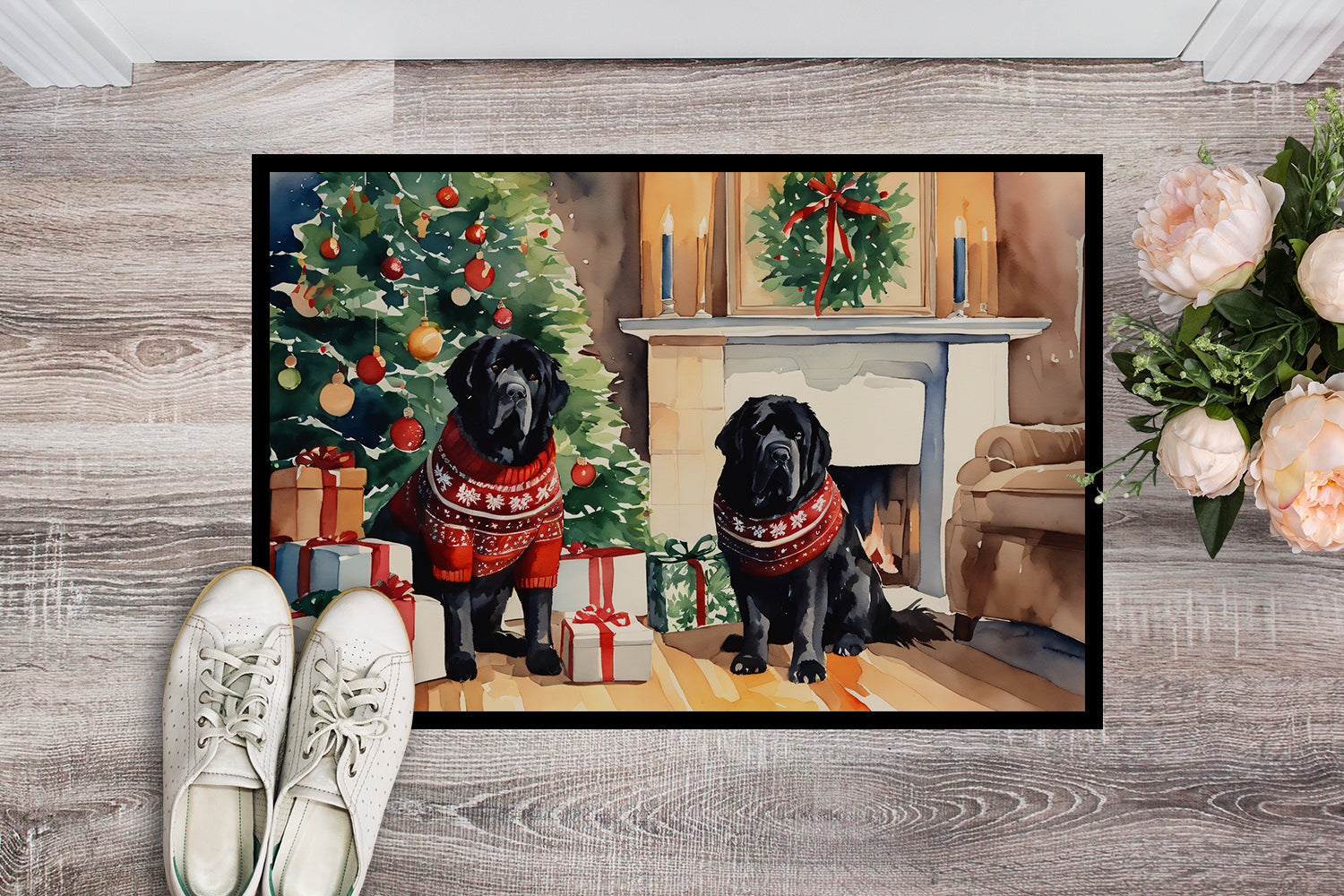 Tibetan Mastiff Cozy Christmas Doormat Indoor Outdoor 18H X 27W Front Door Mat Rugs for Entryway, Non Slip Washable