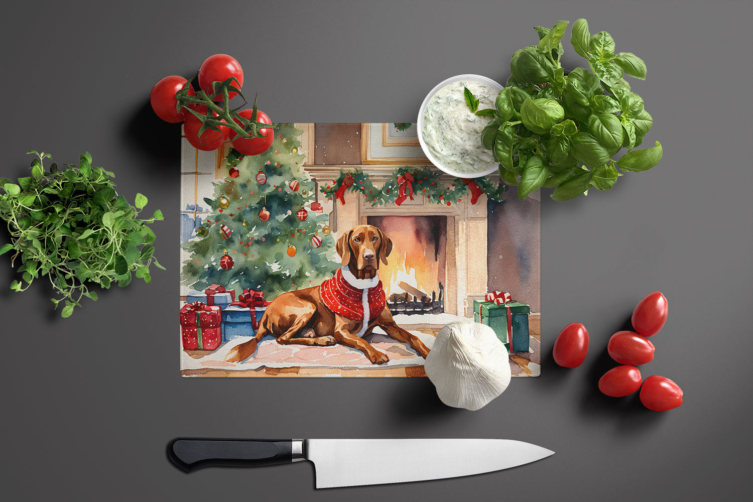 Vizsla Cozy Christmas Cutting Board Tempered Glass Kitchen Cutting Surface, Heat Resistant Chopping, Non-Slip Feet, Food Prep & Serving