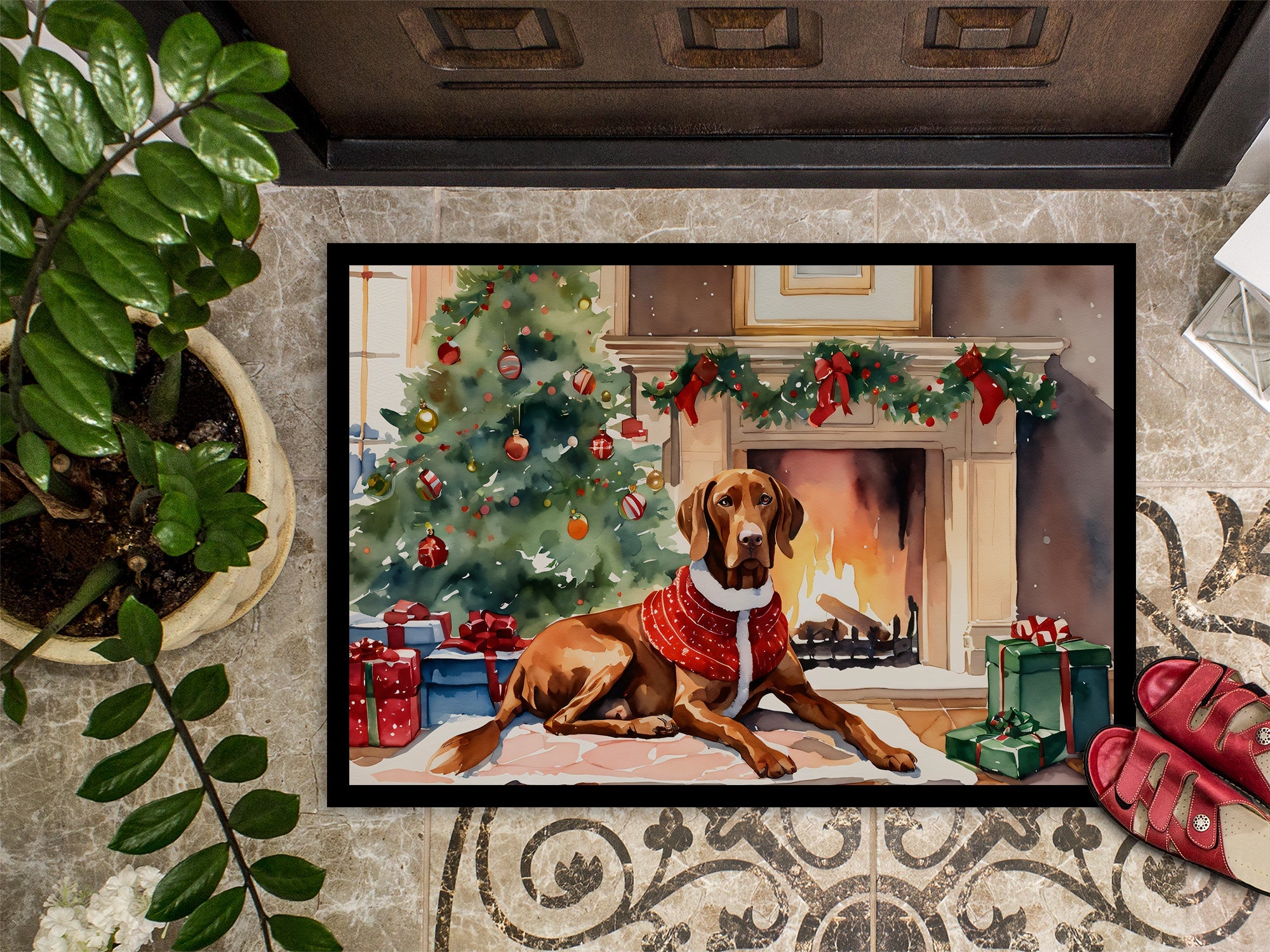 Vizsla Cozy Christmas Doormat Indoor Outdoor 18H X 27W Front Door Mat Rugs for Entryway, Non Slip Washable