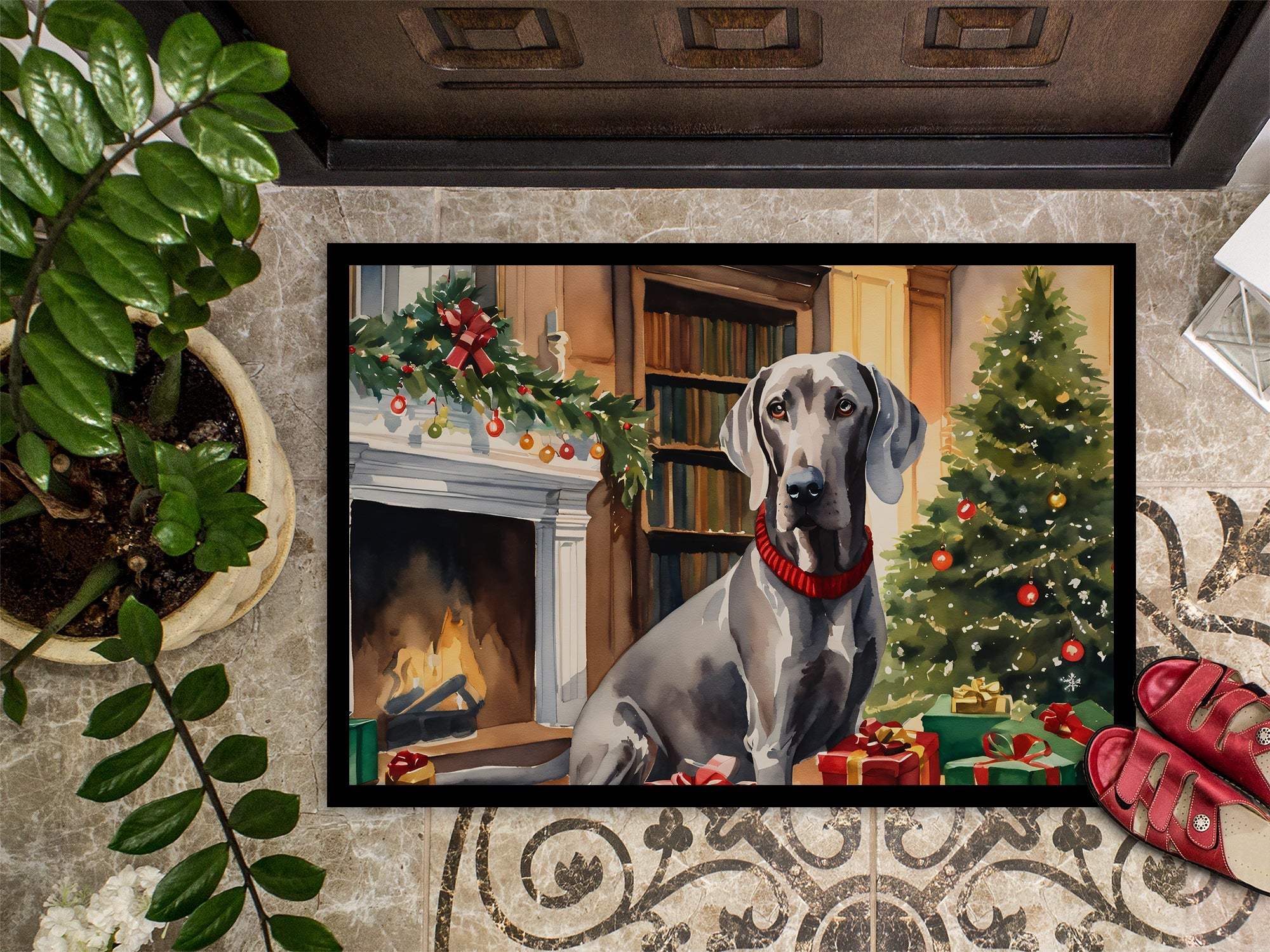 Weimaraner Cozy Christmas Doormat Indoor Outdoor 18H X 27W Front Door Mat Rugs for Entryway, Non Slip Washable