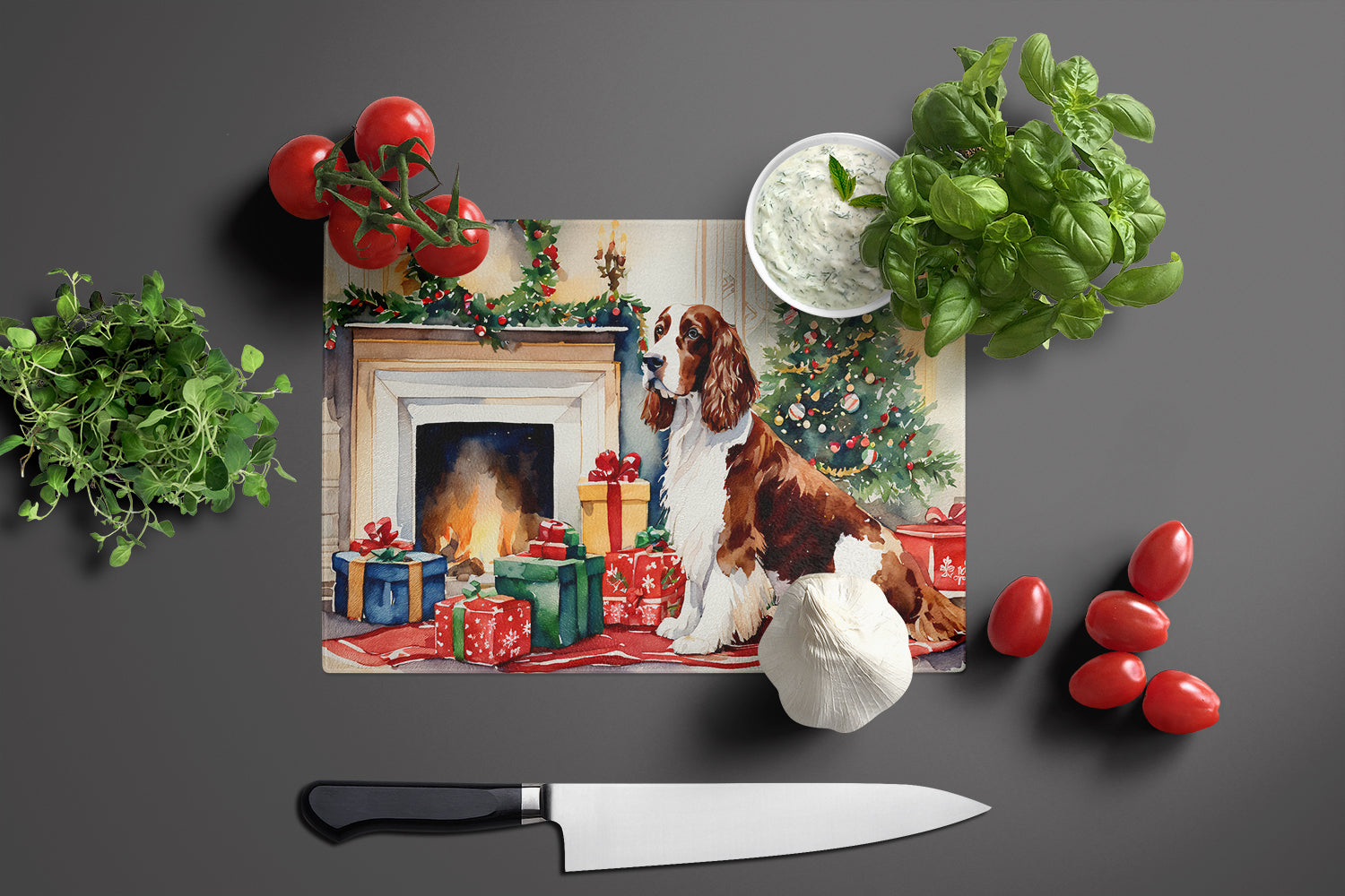 Welsh Springer Spaniel Cozy Christmas Cutting Board Tempered Glass Kitchen Cutting Surface, Heat Resistant Chopping, Non-Slip Feet, Food Prep & Serving