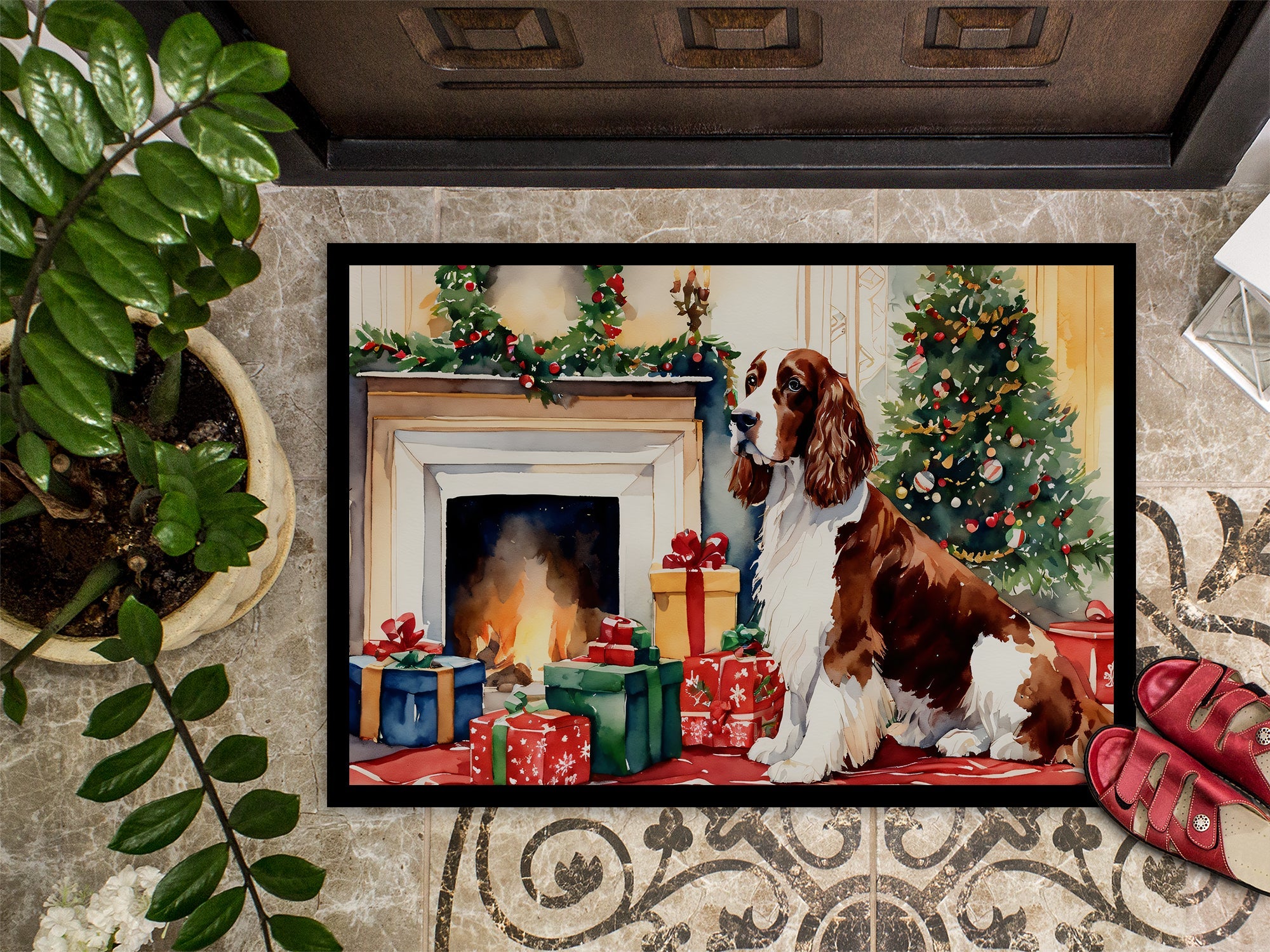 Welsh Springer Spaniel Cozy Christmas Doormat Indoor Outdoor 18H X 27W Front Door Mat Rugs for Entryway, Non Slip Washable