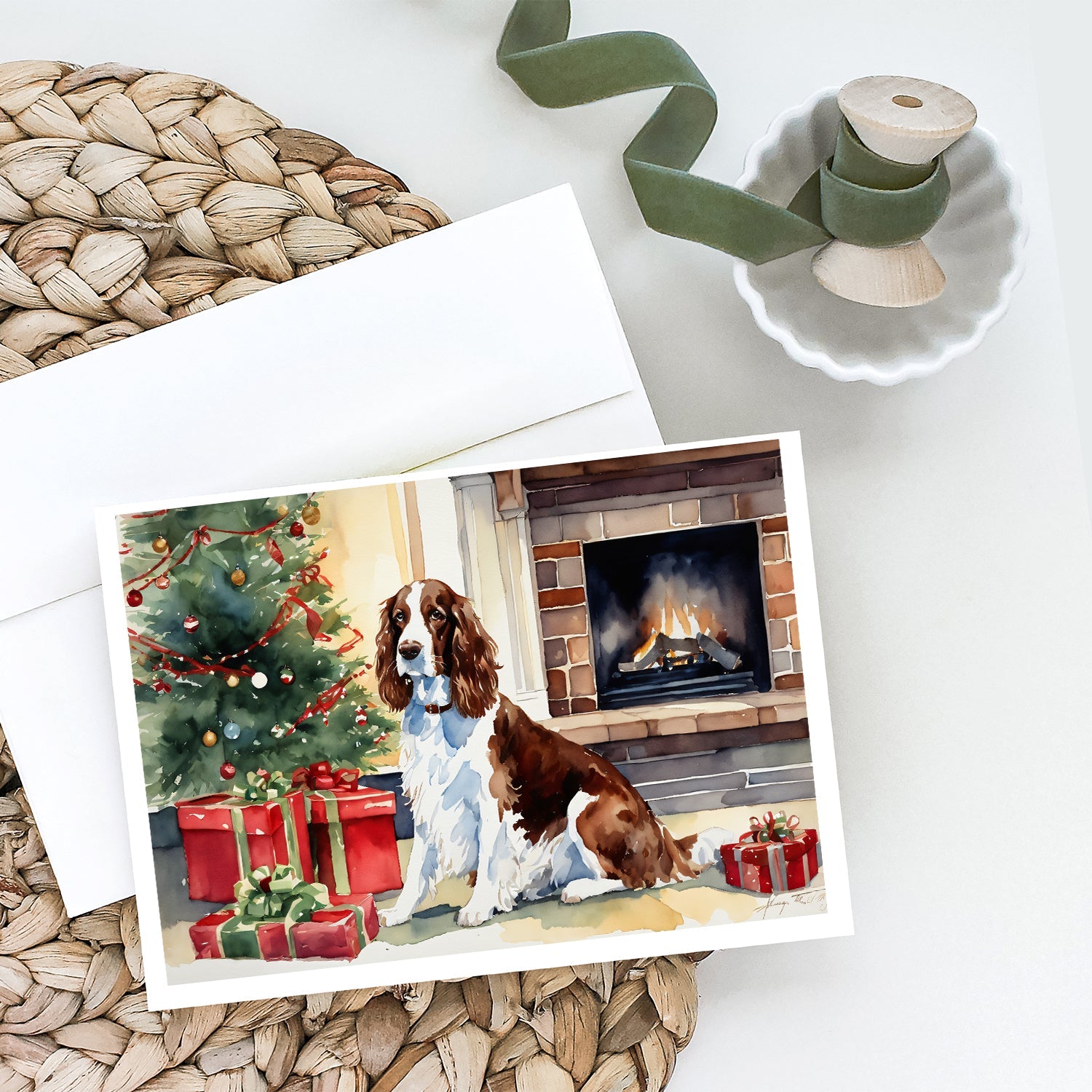 Welsh Springer Spaniel Cozy Christmas Greeting Cards Pack of 8 Blank Cards with Envelopes Whimsical A7 Size 5x7