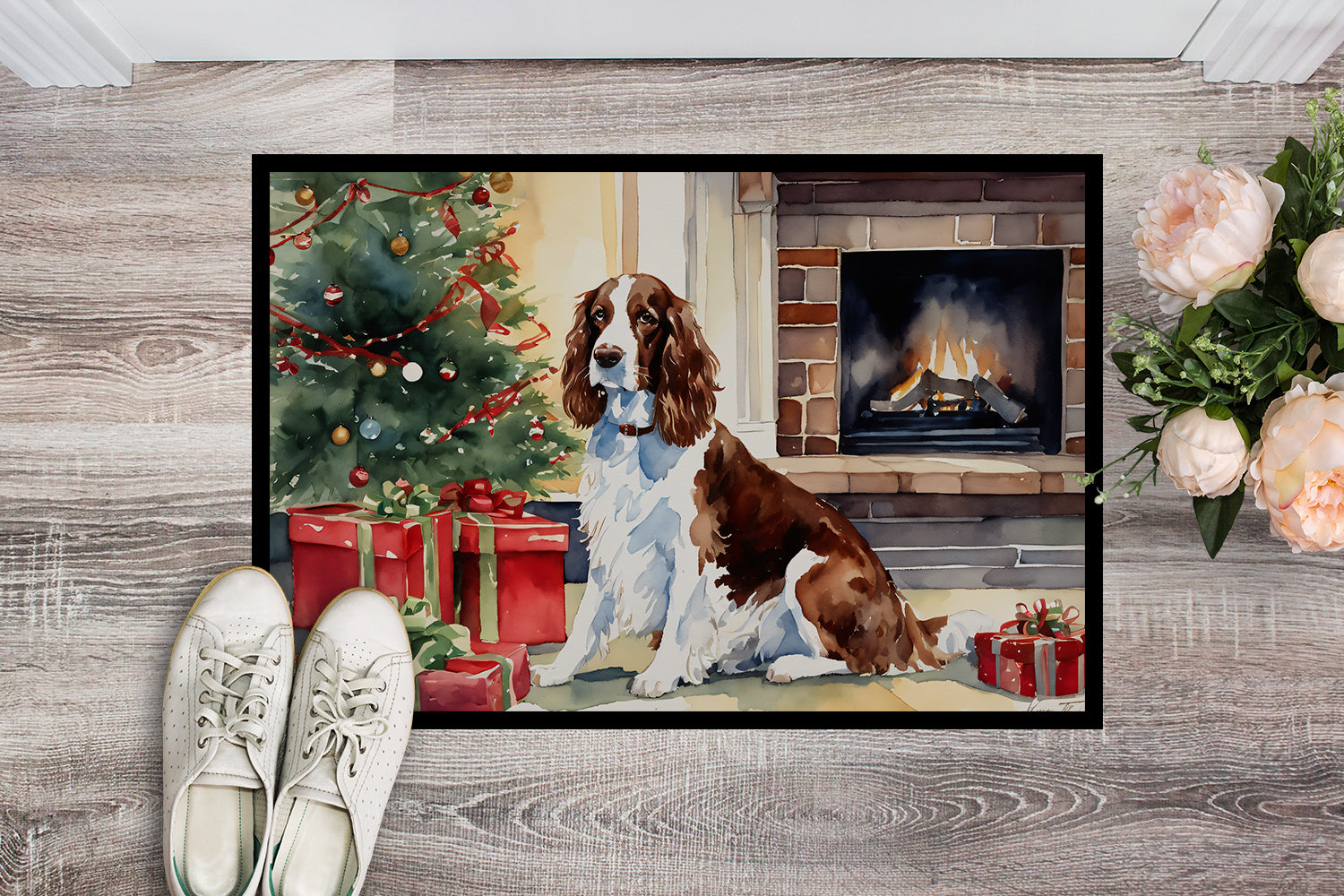 Welsh Springer Spaniel Cozy Christmas Doormat Indoor Outdoor 18H X 27W Front Door Mat Rugs for Entryway, Non Slip Washable