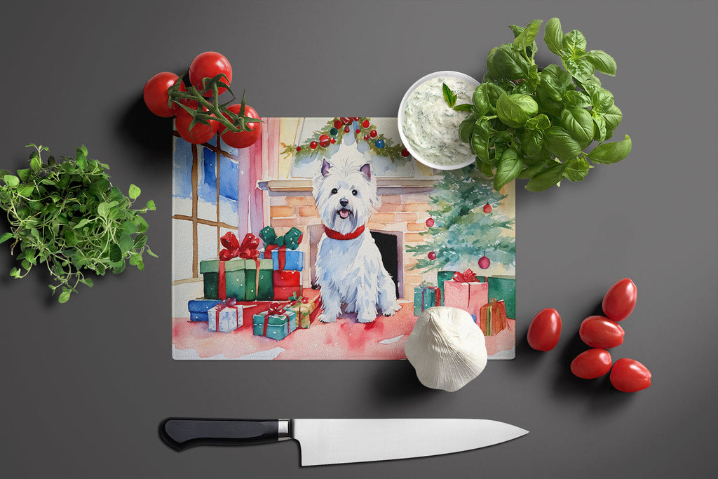 Westie Cozy Christmas Cutting Board Tempered Glass Kitchen Cutting Surface, Heat Resistant Chopping, Non-Slip Feet, Food Prep & Serving