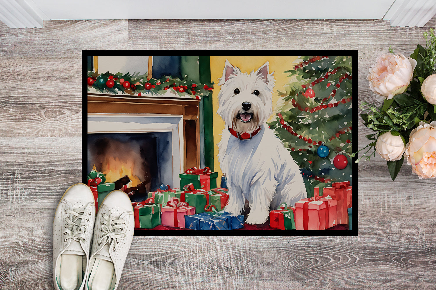 Westie Cozy Christmas Doormat Indoor Outdoor 24H X 36W Front Door Mat Rugs for Entryway, Non Slip Washable Low Pile,