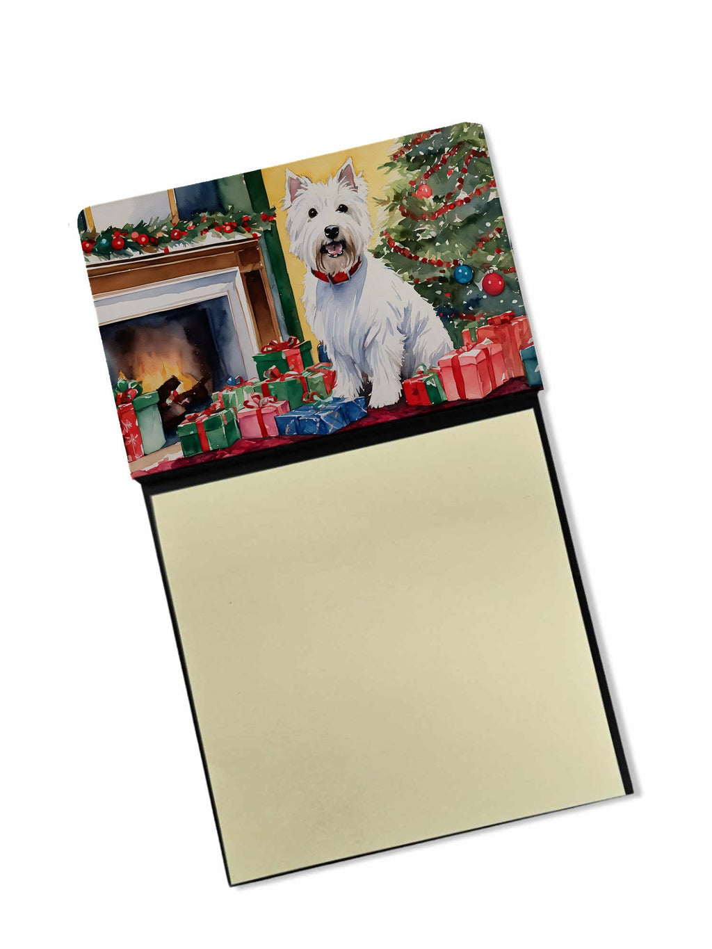 Westie Cozy Christmas Watercolor Sticky Note Holder Refillable Dispenser Desk Accessory 3x3 Pad Gift