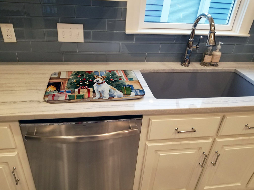 Fox Terrier Cozy Christmas Dish Drying Mat Absorbent Dish Drying Mat Pad for Kitchen Counter Dish Drainer Mat for Countertop, 14 x 21", Multicolor