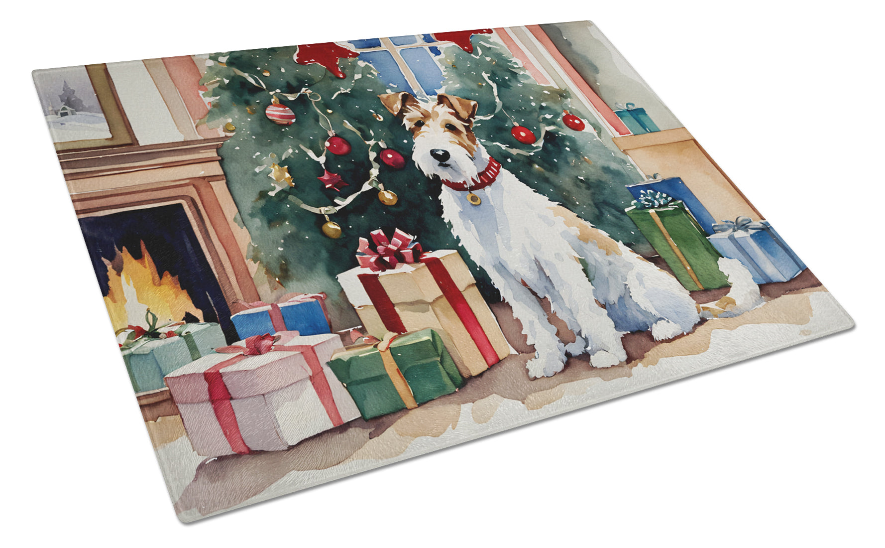 Fox Terrier Cozy Christmas Cutting Board Tempered Glass Kitchen Cutting Surface, Heat Resistant Chopping, Non-Slip Feet, Food Prep & Serving