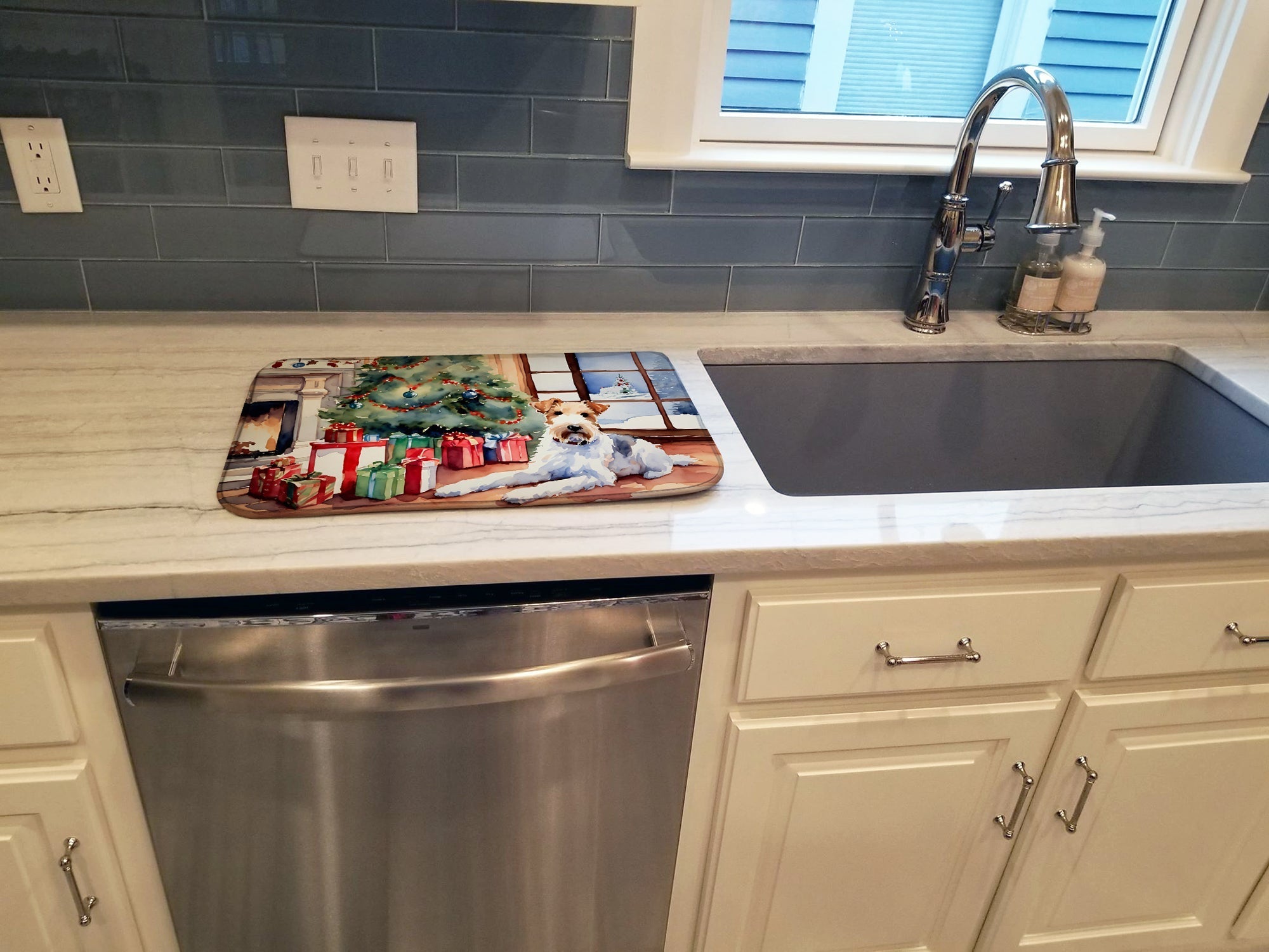Fox Terrier Cozy Christmas Dish Drying Mat Absorbent Dish Drying Mat Pad for Kitchen Counter Dish Drainer Mat for Countertop, 14 x 21", Multicolor