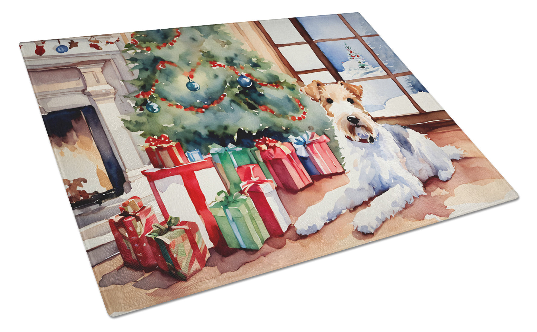 Fox Terrier Cozy Christmas Cutting Board Tempered Glass Kitchen Cutting Surface, Heat Resistant Chopping, Non-Slip Feet, Food Prep & Serving