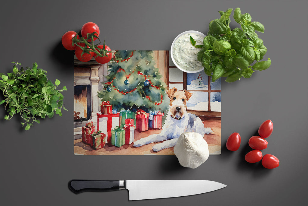 Fox Terrier Cozy Christmas Cutting Board Tempered Glass Kitchen Cutting Surface, Heat Resistant Chopping, Non-Slip Feet, Food Prep & Serving