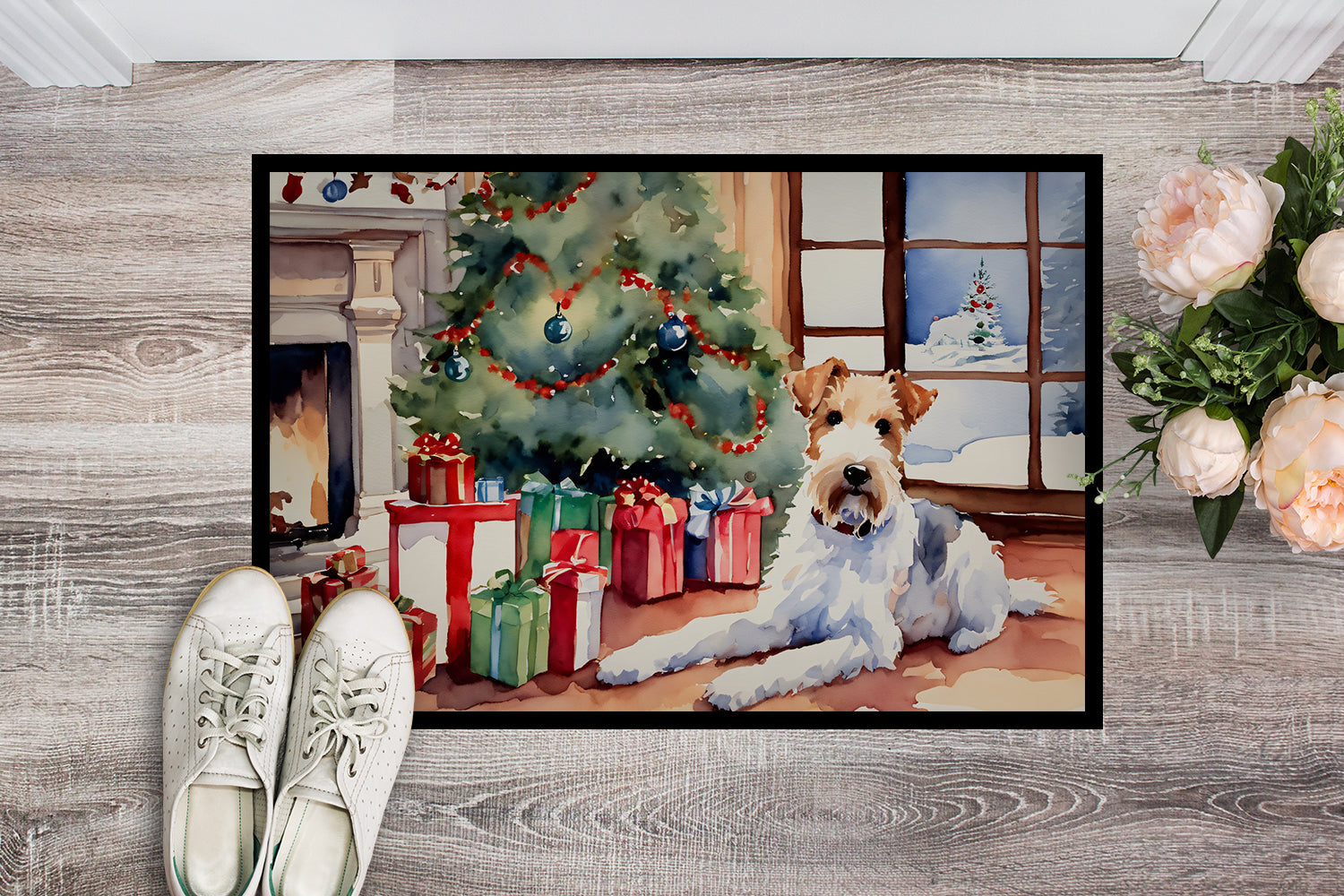 Fox Terrier Cozy Christmas Doormat Indoor Outdoor 18H X 27W Front Door Mat Rugs for Entryway, Non Slip Washable