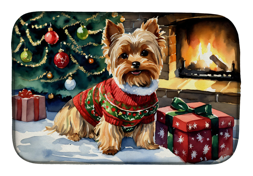 Yorkshire Terrier Cozy Christmas Dish Drying Mat Absorbent Dish Drying Mat Pad for Kitchen Counter Dish Drainer Mat for Countertop, 14 x 21", Multicolor