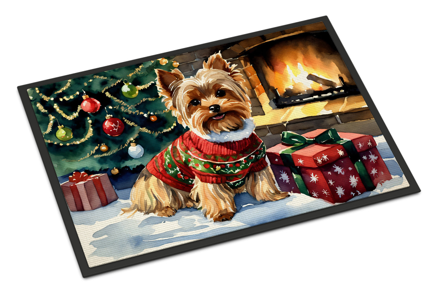 Yorkshire Terrier Cozy Christmas Doormat Indoor Outdoor 18H X 27W Front Door Mat Rugs for Entryway, Non Slip Washable