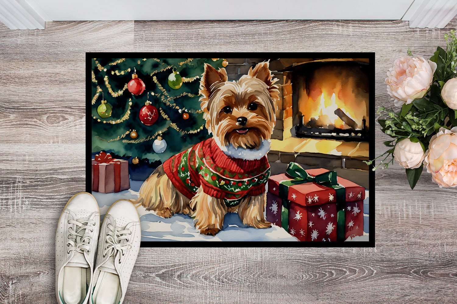 Yorkshire Terrier Cozy Christmas Doormat Indoor Outdoor 18H X 27W Front Door Mat Rugs for Entryway, Non Slip Washable