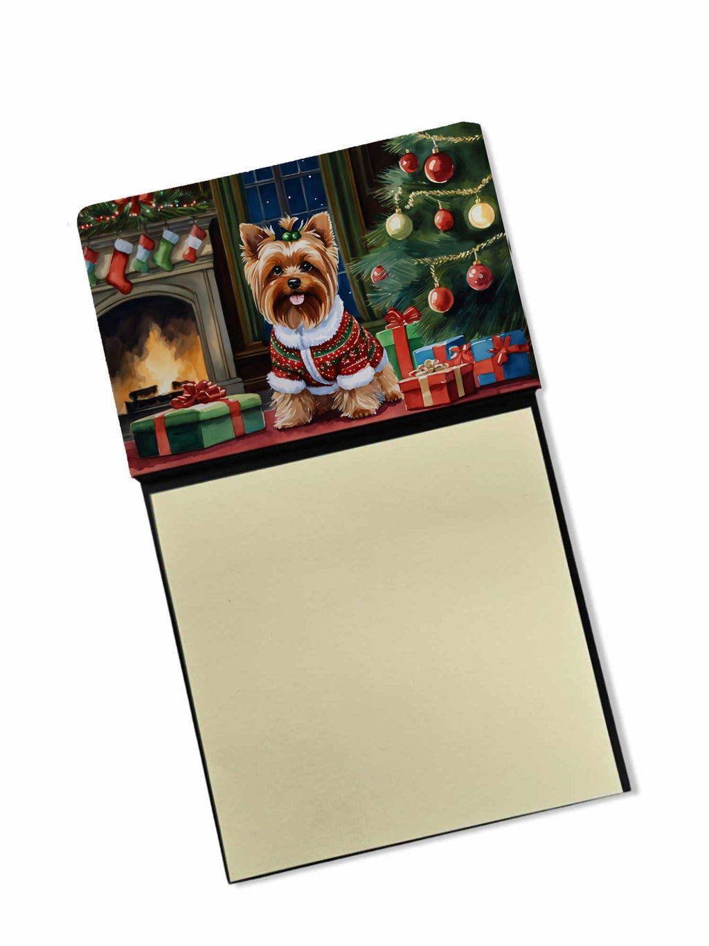 Yorkshire Terrier Cozy Christmas Watercolor Sticky Note Holder Refillable Dispenser Desk Accessory 3x3 Pad Gift