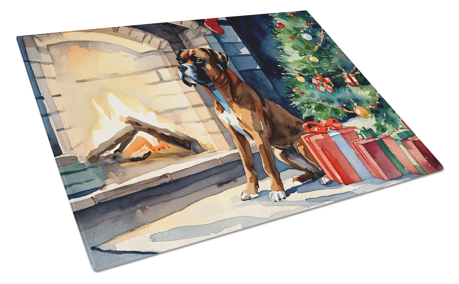 Boxer Cozy Christmas Cutting Board Tempered Glass Kitchen Cutting Surface, Heat Resistant Chopping, Non-Slip Feet, Food Prep & Serving