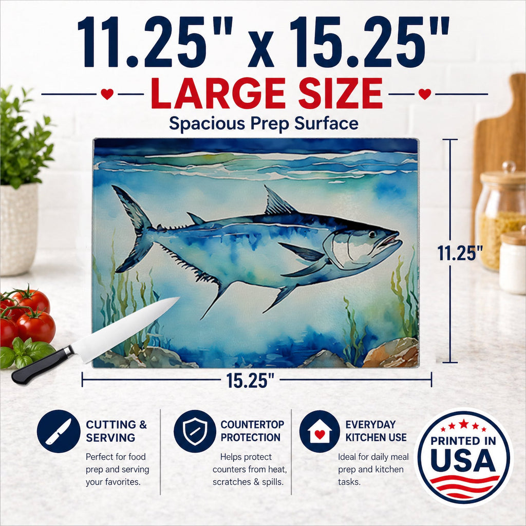 Bluefin Tuna Cutting Board Tempered Glass Kitchen Cutting Surface, Heat Resistant Chopping, Non-Slip Feet, Food Prep & Serving