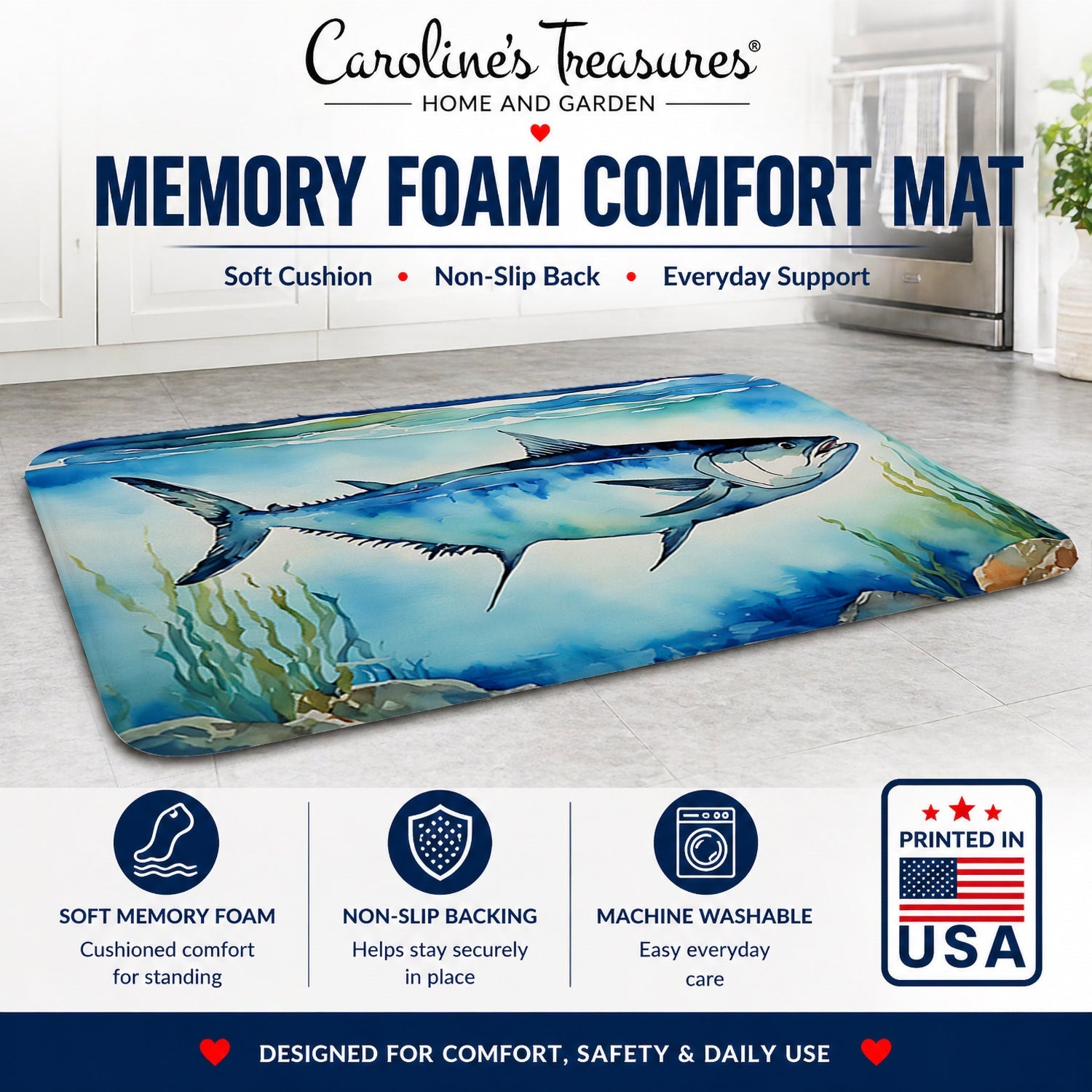 Bluefin Tuna Memory Foam Kitchen Mat Machine Washable Anti-Fatigue Cushion Comfort Bath or Kitchen Rug