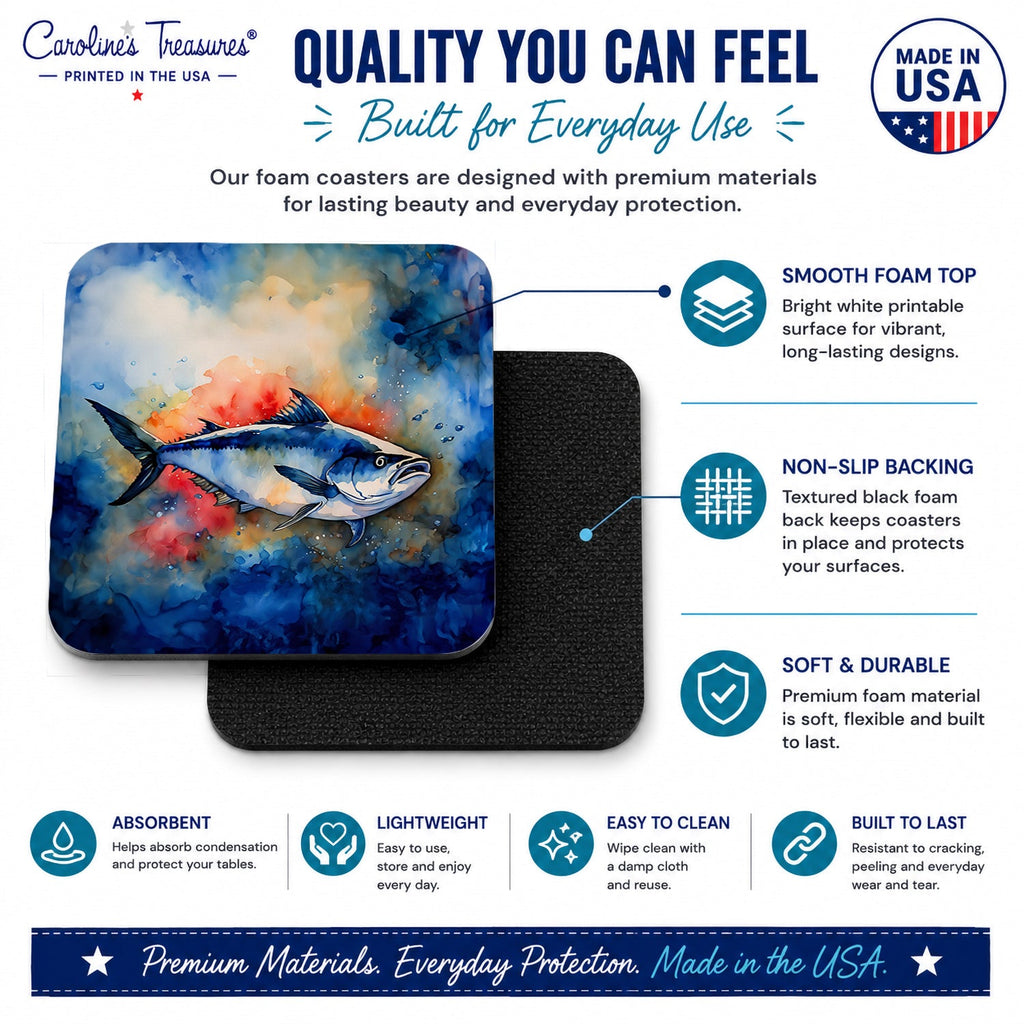 Bluefin Tuna Foam Coasters Set of 4 Cup Coasters for Indoor Outdoor, Tabletop Protection, Anti Slip, Mouse pad Material