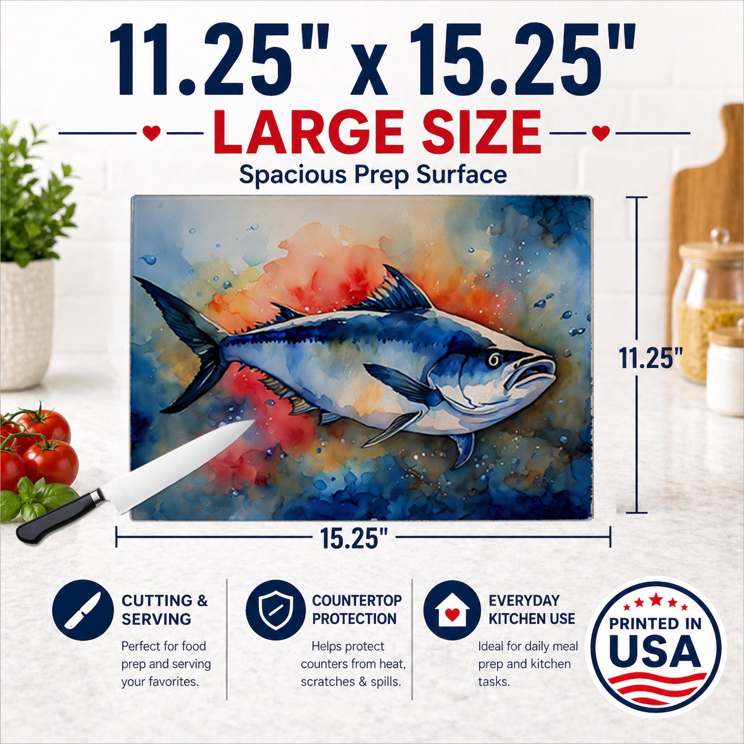 Bluefin Tuna Cutting Board Tempered Glass Kitchen Cutting Surface, Heat Resistant Chopping, Non-Slip Feet, Food Prep & Serving