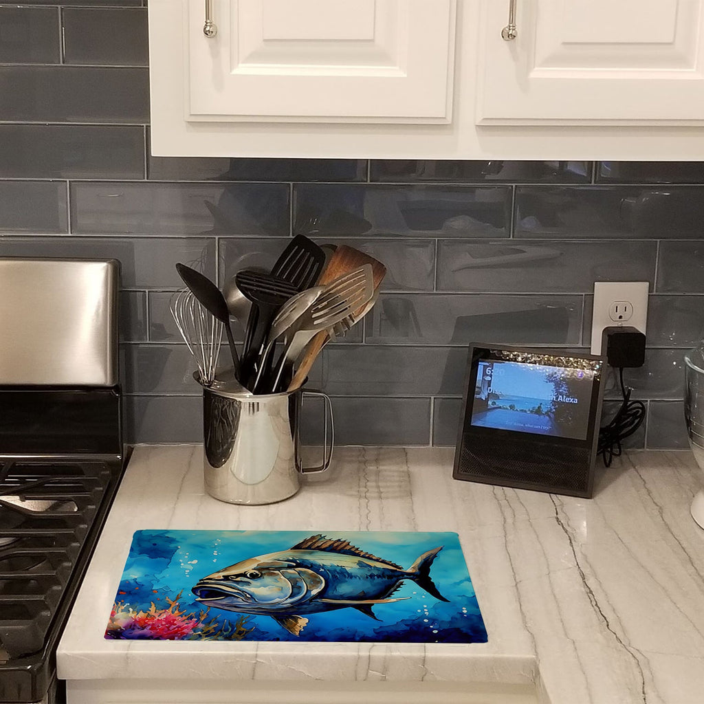 Bluefin Tuna Cutting Board Tempered Glass Kitchen Cutting Surface, Heat Resistant Chopping, Non-Slip Feet, Food Prep & Serving