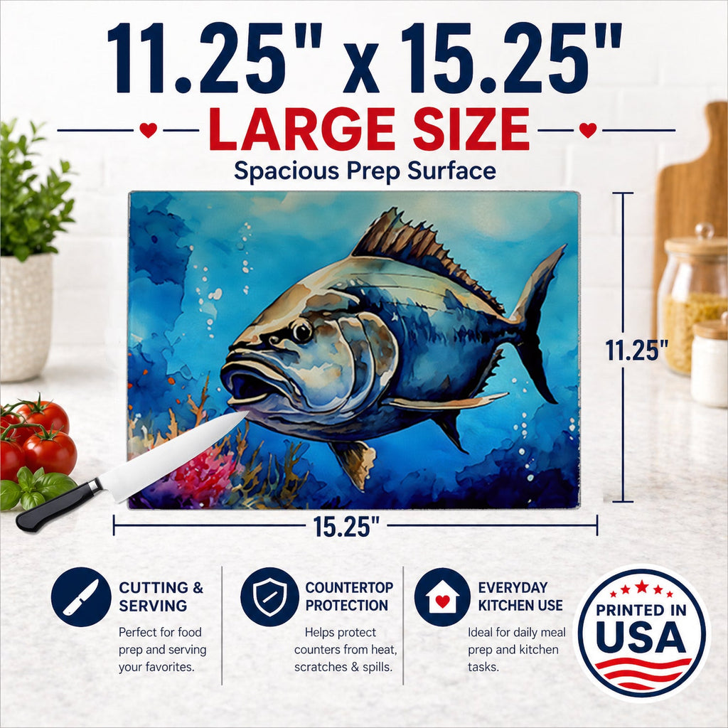 Bluefin Tuna Cutting Board Tempered Glass Kitchen Cutting Surface, Heat Resistant Chopping, Non-Slip Feet, Food Prep & Serving