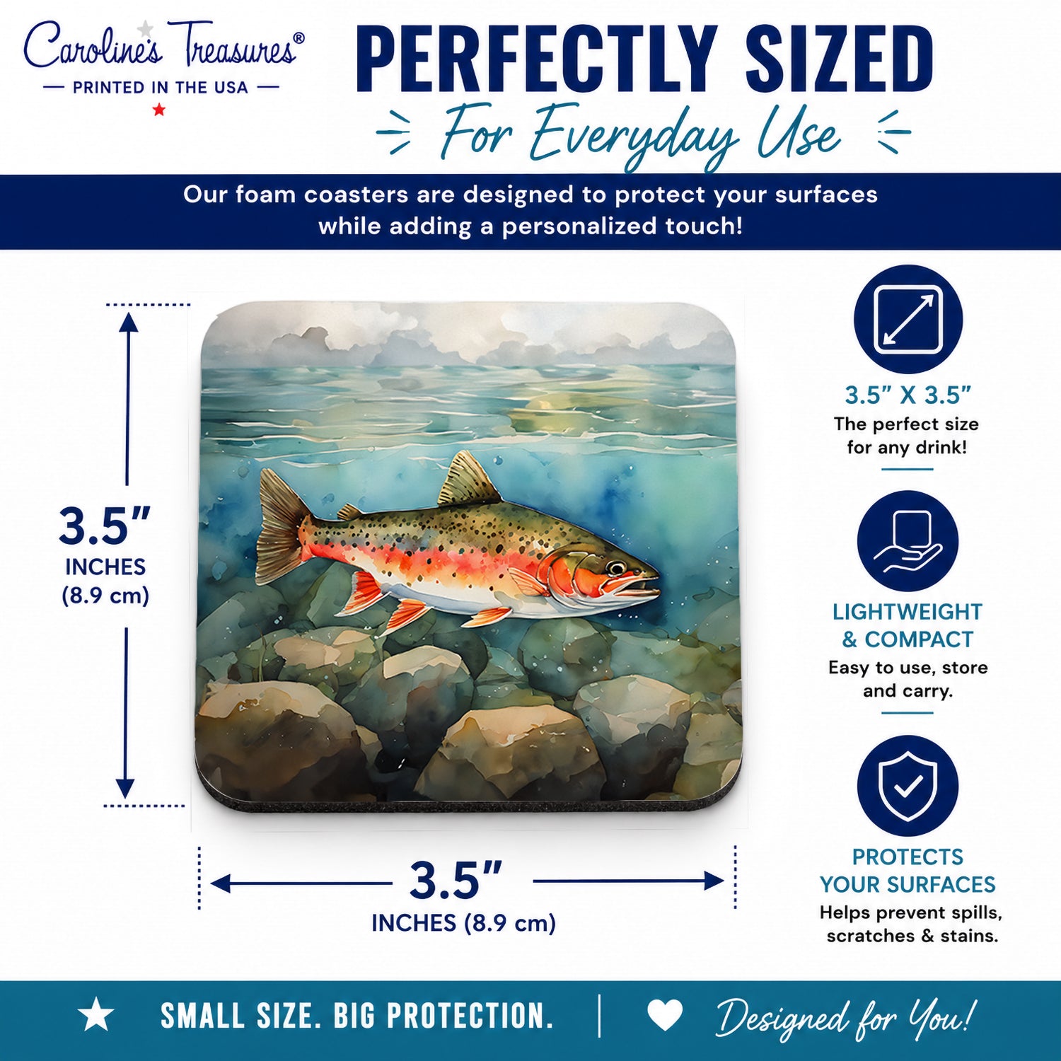 Brook Trout Foam Coasters Set of 4 Cup Coasters for Indoor Outdoor, Tabletop Protection, Anti Slip, Mouse pad Material
