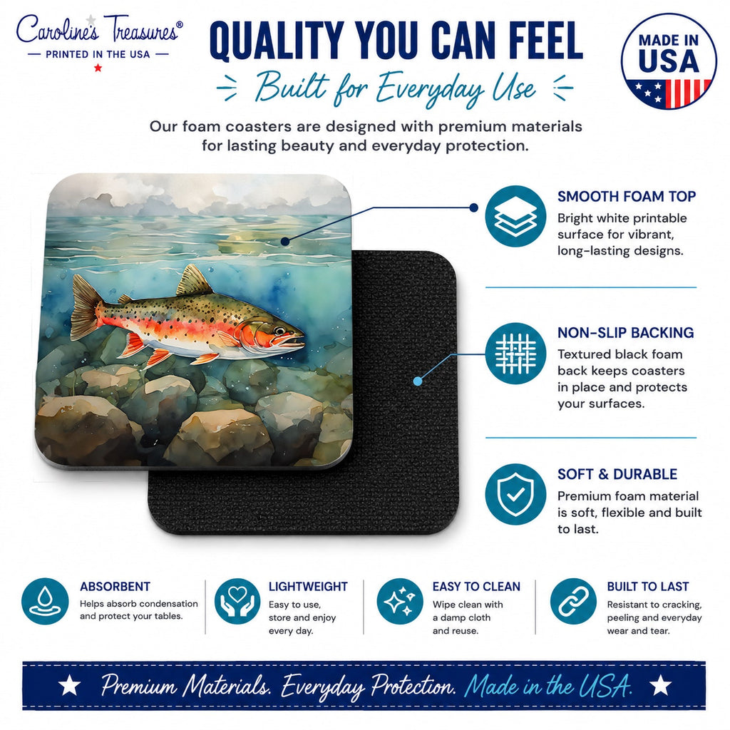 Brook Trout Foam Coasters Set of 4 Cup Coasters for Indoor Outdoor, Tabletop Protection, Anti Slip, Mouse pad Material
