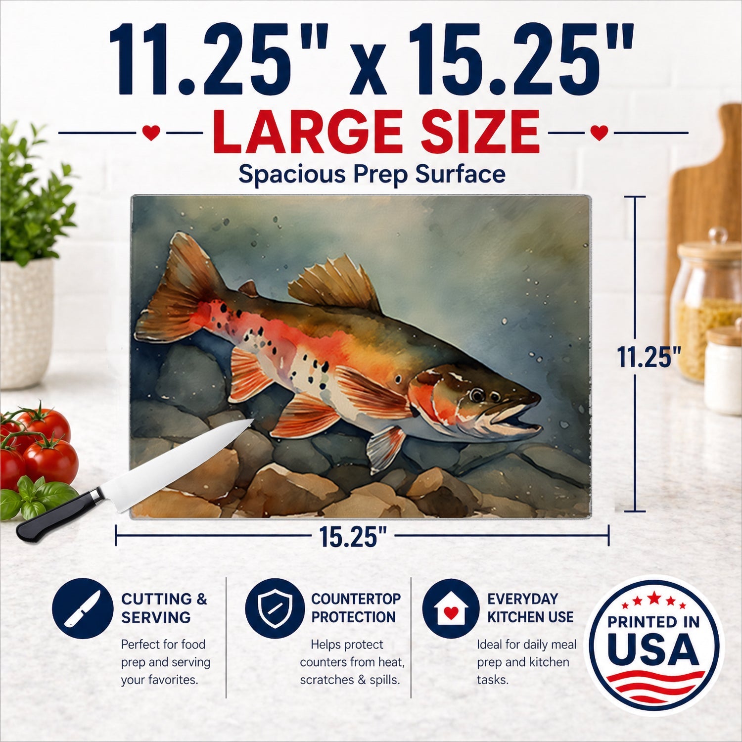 Brook Trout Cutting Board Tempered Glass Kitchen Cutting Surface, Heat Resistant Chopping, Non-Slip Feet, Food Prep & Serving