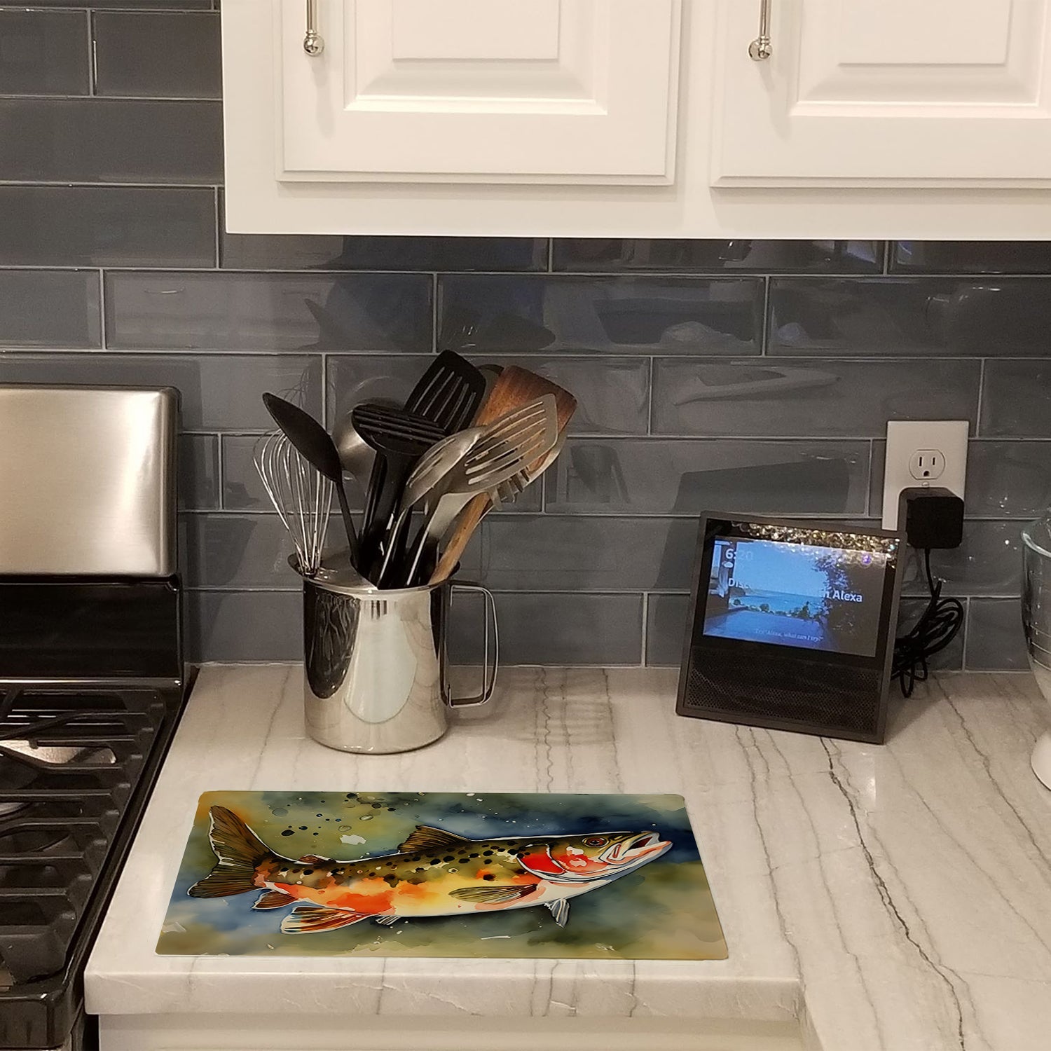 Brook Trout Cutting Board Tempered Glass Kitchen Cutting Surface, Heat Resistant Chopping, Non-Slip Feet, Food Prep & Serving