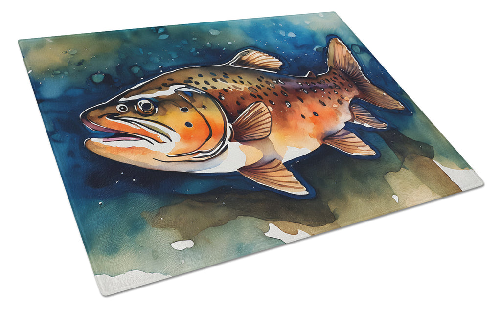 Brown Trout Cutting Board Tempered Glass Kitchen Cutting Surface, Heat Resistant Chopping, Non-Slip Feet, Food Prep & Serving