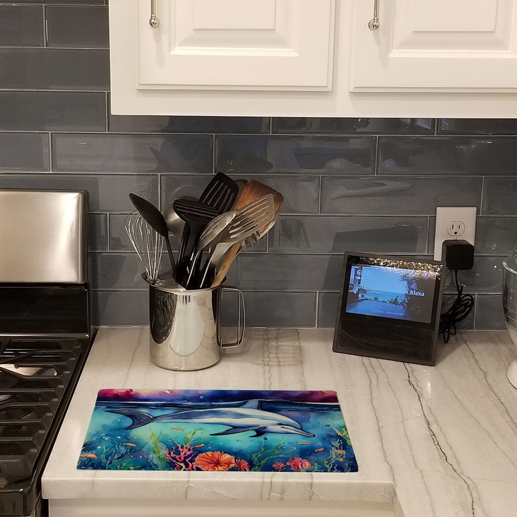 Dolphin Cutting Board Tempered Glass Kitchen Cutting Surface, Heat Resistant Chopping, Non-Slip Feet, Food Prep & Serving