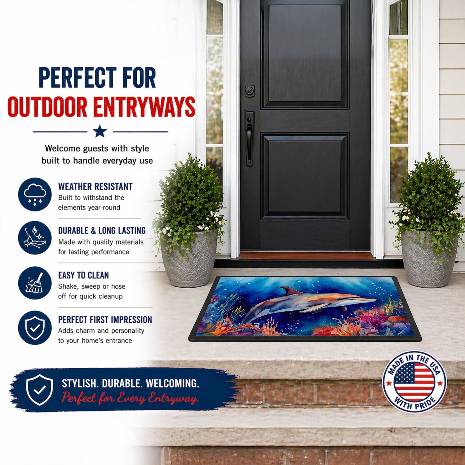 Dolphin Doormat Indoor Outdoor 24H X 36W Front Door Mat Rugs for Entryway, Non Slip Washable Low Pile,